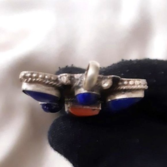 Tibetan Lapis Lazuli (pd6) Coral Pendant Natural Gems Blue Red Triangle Silver - Picture 6 of 8